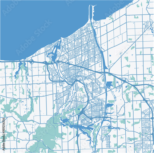 Map of St. Catharines in Canada in a professional blue style. Contains layered vector with roads water, parks, etc.