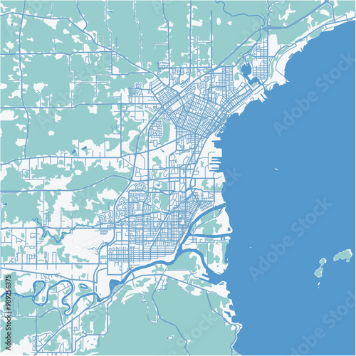 Map of Thunder Bay in Canada in a professional blue style. Contains layered vector with roads water, parks, etc.
