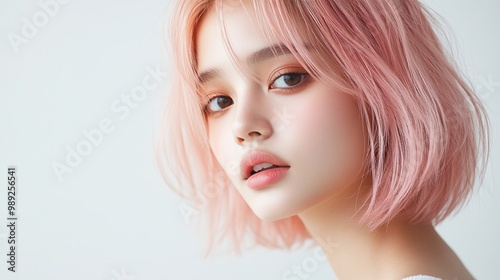 A stylish young woman with pink hair, showcasing a serene expression against a minimalistic background.