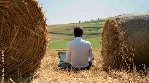 A businessman sits barefoot on the ground next to a large pile of hay while working on his laptop. This photo was taken from behind him, with a green field and blue sky in the foreground.
