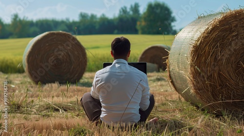 A businessman sits barefoot on the ground next to a large pile of hay while working on his laptop. This photo was taken from behind him, with a green field and blue sky in the foreground.
