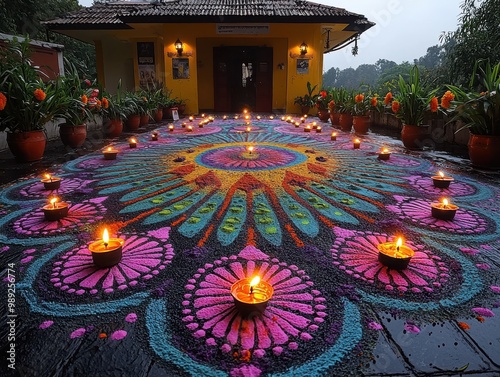 A large, colorful rangoli adorned with glowing oil lamps decorates the pathway of a house, creating a vibrant and festive atmosphere during a Diwali celebration. photo