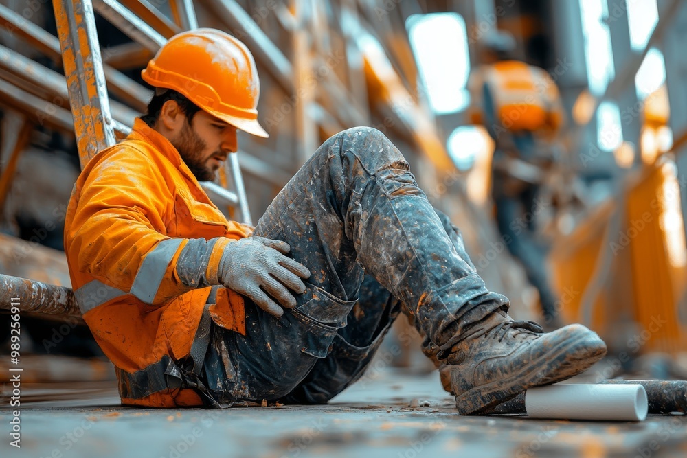 A construction worker sits down, upset, and rests. Generative AI A construction worker sits down, upset, and rests. Generative AI