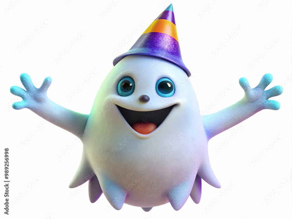 A cartoon character with a white body and blue eyes is wearing a party hat and is smiling. The character is holding its arms out wide, as if it is happy and excited A cartoon character with a white body and blue eyes is wearing a party hat and is smiling. The character is holding its arms out wide, as if it is happy and excited