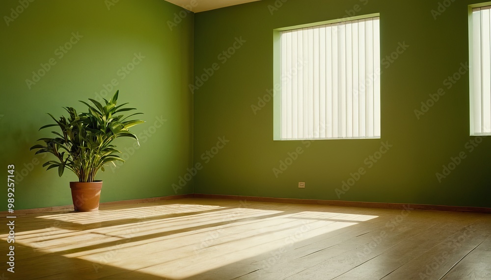 Minimalist green room interior with a single plant and window light 1 Minimalist green room interior with a single plant and window light 1