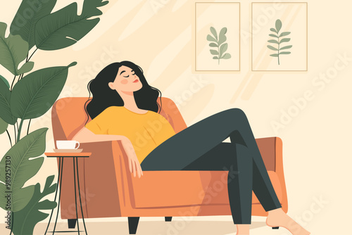 woman relaxing home confident woman going forward with her life goals vector illustration