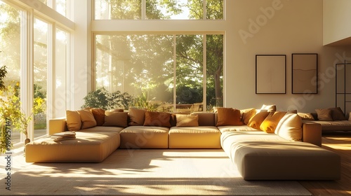 Elegant and Inviting Contemporary Living Space with Large Modular Sectional Sofa Warm Textiles Bauhaus Influenced Minimalist Aesthetic and Sun Drenched Open Concept Layout