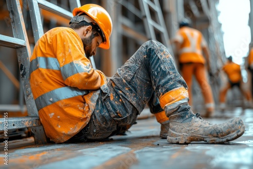 A construction worker sits down, upset, and rests. Generative AI