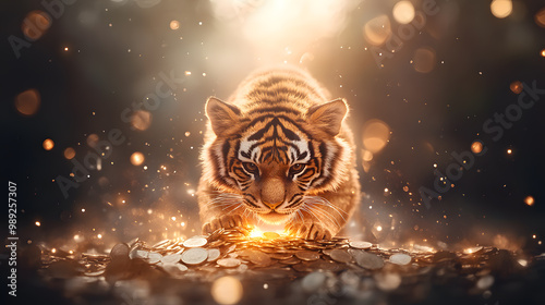 A mesmerizing tiger surrounded by sparkling coins, symbolizing wealth and power in a captivating, enchanting atmosphere. photo