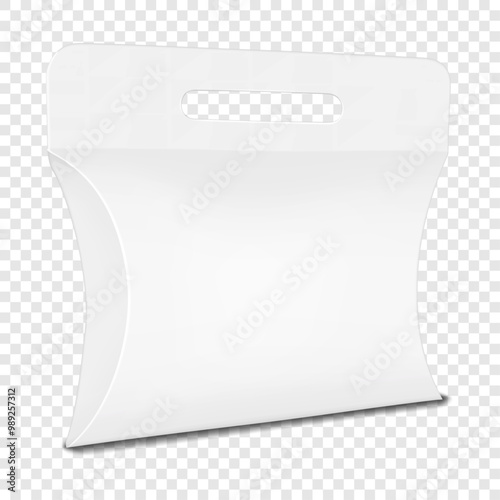 White blank paperboard pillow box with handle. 3d mockup. Cardboard flat pack gift packaging. Realistic vector mock-up. Souvenir paper container. Template for design