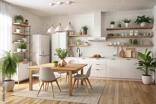 White scandinavian kitchen interior with dining room and wooden floor. Simply furniture with utensils, shelves with crockery and plants in pot, refrigerator in modern minimal design