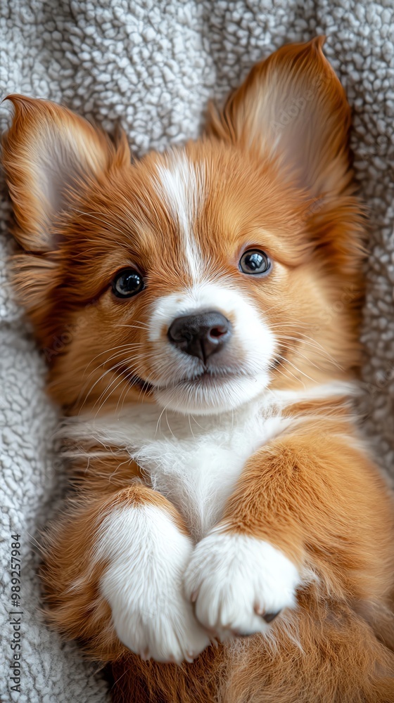A playful puppy rolling over on a white background