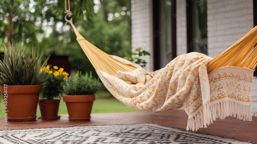 Fototapeta premium Patio with a hanging hammock, a cozy blanket, and potted plants
