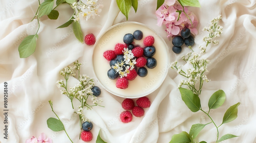 A bowl of yogurt topped with fresh berries and flowers, set on a soft fabric background. A bowl of yogurt topped with fresh berries and flowers, set on a soft fabric background.