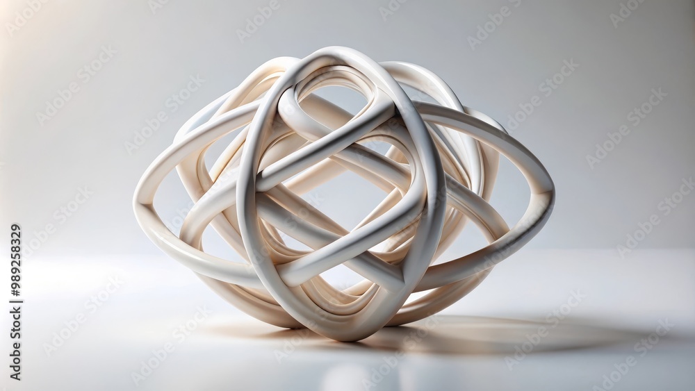 Modern sculpture with intertwined tubes forming a sphere is standing on a white pedestal Modern sculpture with intertwined tubes forming a sphere is standing on a white pedestal