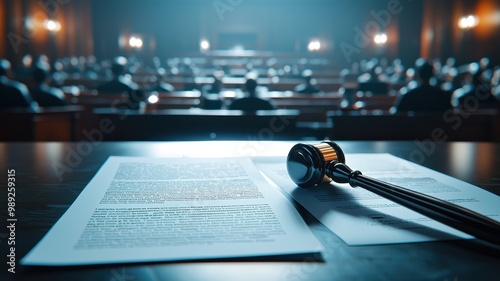 Close-up of a gavel and legal documents in a courtroom with blurred audience in the background. photo