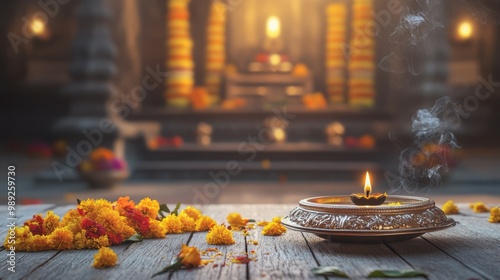 Silver pooja thali with a diya, flowers, and incense on a wooden deck, with a background of a beautifully lit temple and marigold-adorned pillars. Copy space, happy Diwali background, traditional