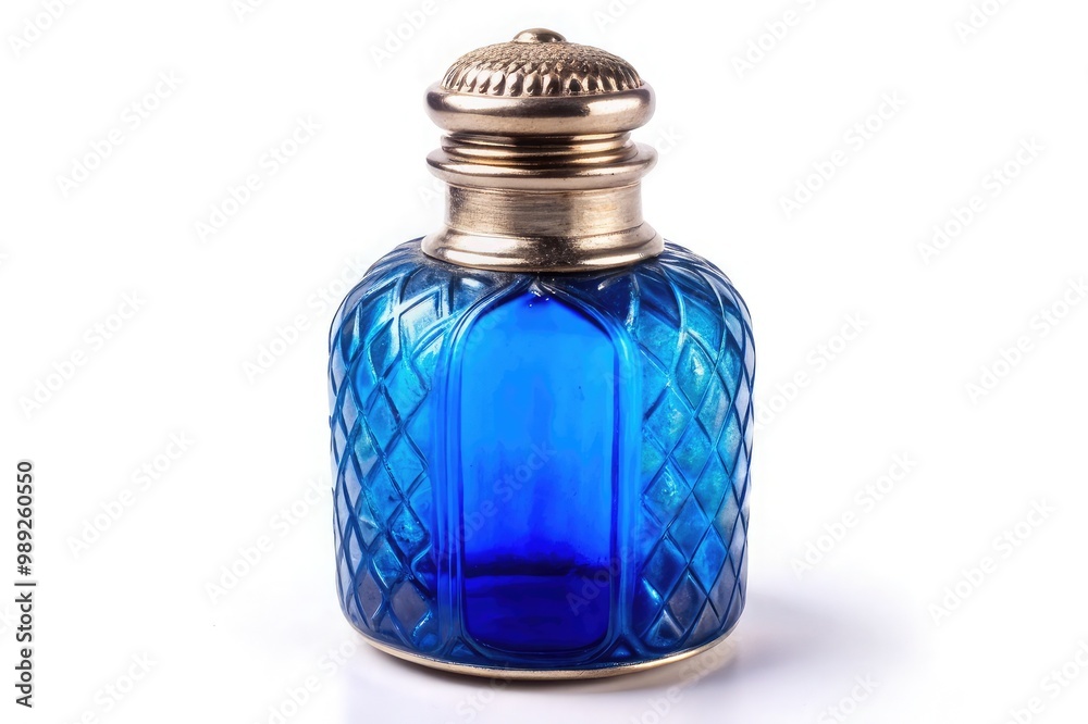Dark green glass bottle with a classic shape, silver lid, on a white background Dark green glass bottle with a classic shape, silver lid, on a white background