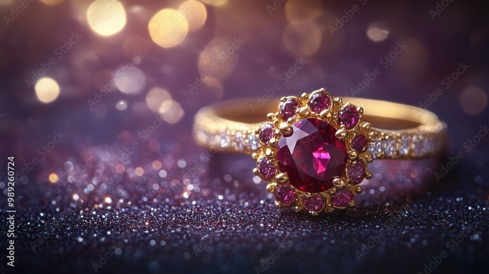 Sophisticated ruby and gold ring, on dark plum background with delicate sparkle effects, with faint festive light bokeh in background, Copy space, happy Diwali background, traditional, Indian festival Sophisticated ruby and gold ring, on dark plum background with delicate sparkle effects, with faint festive light bokeh in background, Copy space, happy Diwali background, traditional, Indian festival