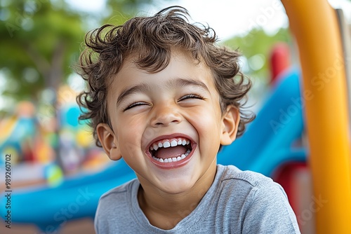 A close-up of a young boy laughing, his eyes squinting with pure joy as the camera captures his innocence