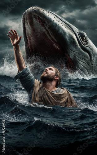 Jonah and the Whale. Jonah drowning after he fell off the ship when trying to flee from god. Then a whale came and swallowed Jonah. Symbolizing: Reluctance, Wrath, Fasting, Sackcloth, Faith photo