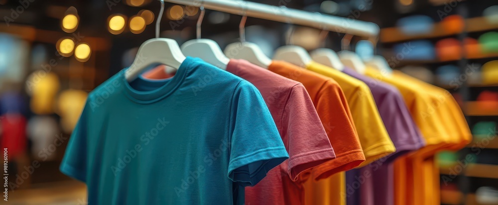 stylish retail display of plain tshirts in rainbow spectrum garments hang neatly on minimalist white rack blurred boutique interior background suggests highend fashion environment stylish retail display of plain tshirts in rainbow spectrum garments hang neatly on minimalist white rack blurred boutique interior background suggests highend fashion environment