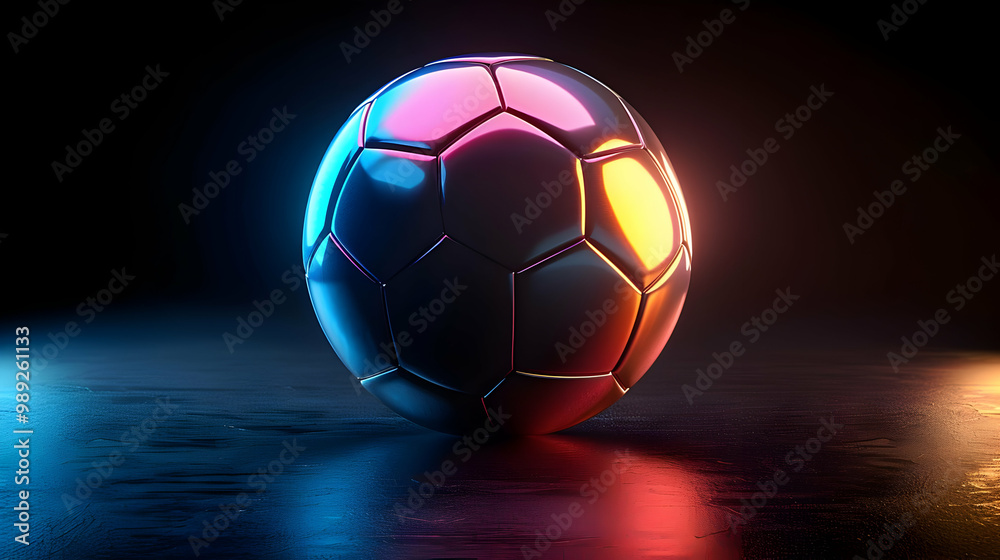 Fototapeta premium 3D Render of a Shiny Soccer Ball with Neon Lights