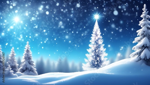 Christmas Tree with twinkling lights and a snowy background. Made with Generative AI Technology