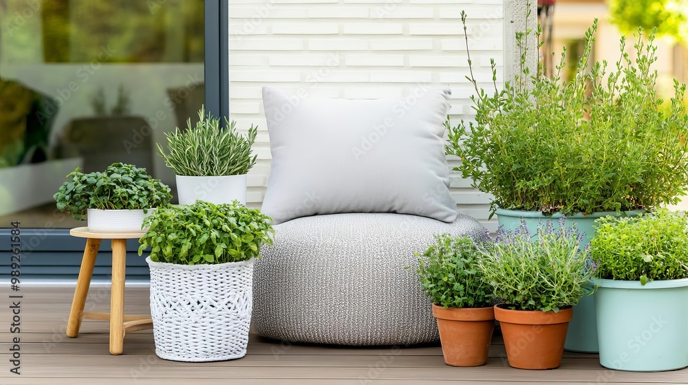 Patio with a soft outdoor cushion, potted herbs, and a small side table Patio with a soft outdoor cushion, potted herbs, and a small side table