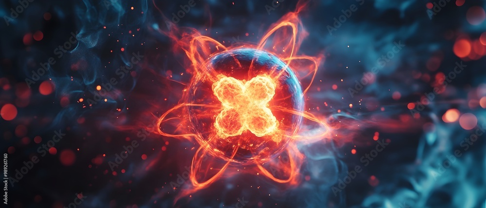 A visual depiction showcasing the interaction and role of isotopes involved in the nuclear fission reaction with a glowing radiant energy and cosmic backdrop A visual depiction showcasing the interaction and role of isotopes involved in the nuclear fission reaction with a glowing radiant energy and cosmic backdrop