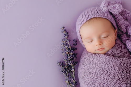 A serene baby wrapped in a lavender blanket, wearing a matching hat, peacefully sleeping beside a sprig of lavender on a soft purple background.