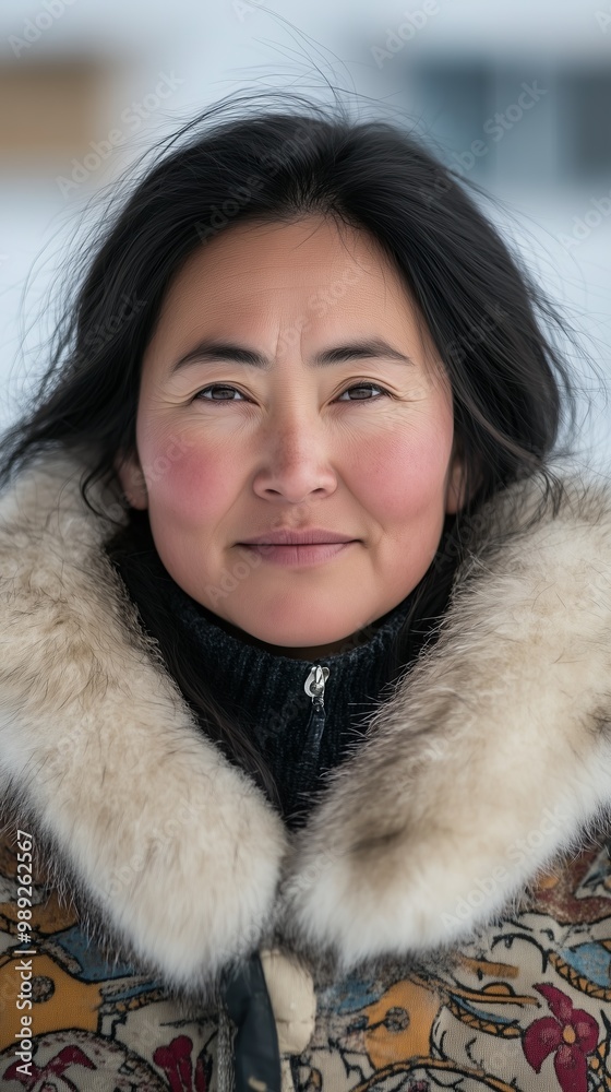 Close-up portrait of a woman in traditional winter clothing, featuring a fur-lined jacket, in a snowy environment. Close-up portrait of a woman in traditional winter clothing, featuring a fur-lined jacket, in a snowy environment.