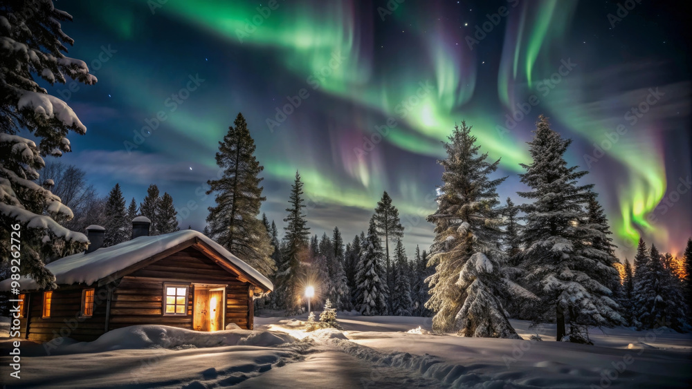 A serene winter scene featuring cozy cabin surrounded by snow covered trees under mesmerizing aurora borealis. vibrant green and purple lights dance across night sky, creating magical atmosphere