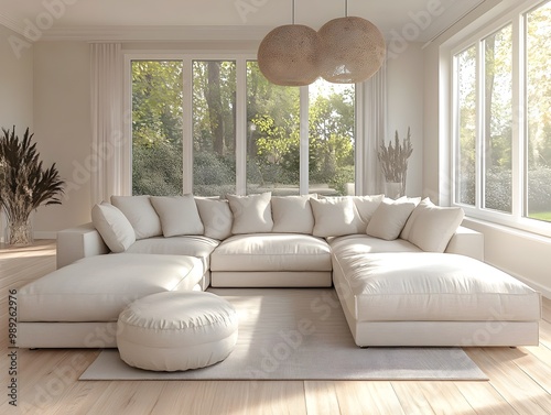 A 3D rendered image of a cozy and inviting modern living room featuring a large comfortable sectional sofa and minimalist stylish decor photo