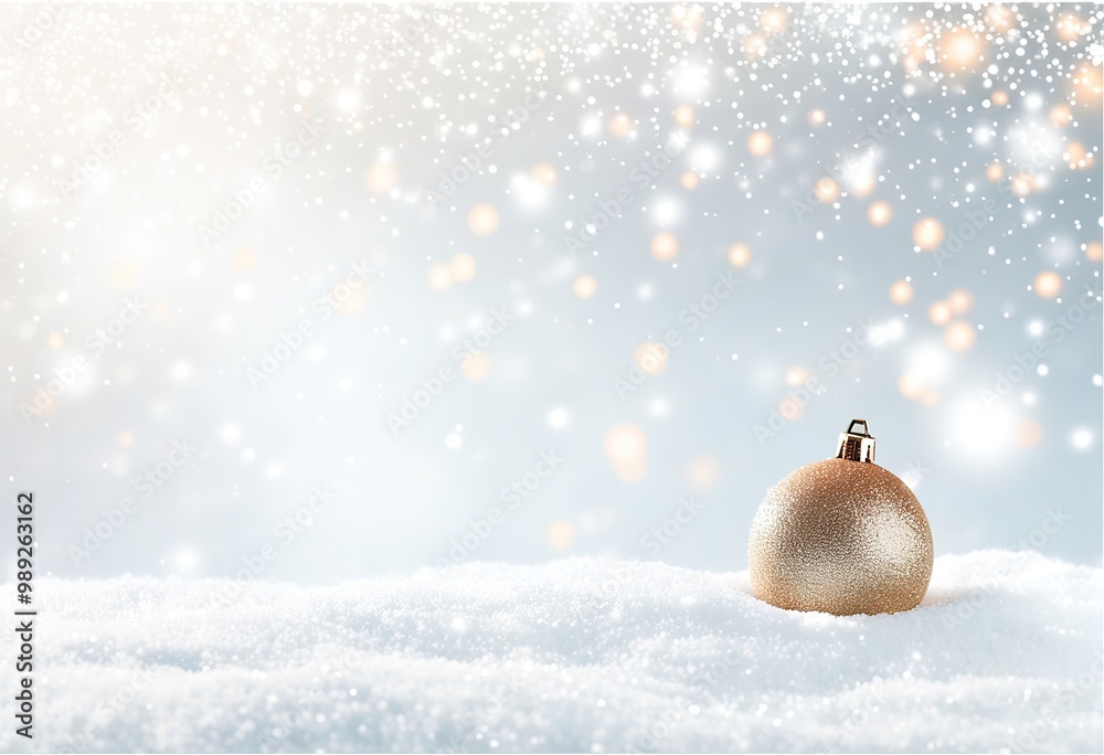 Golden Christmas Bauble Resting on Snow-Covered Ground, surrounded by softly glowing stars and sparkling lights in a softly blurred festive night scene. Made with Generative AI Technology