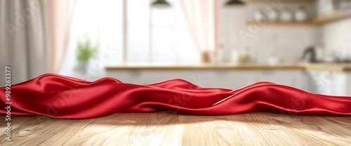 Red satin fabric draped over a wooden table top with a blurred kitchen background. photo