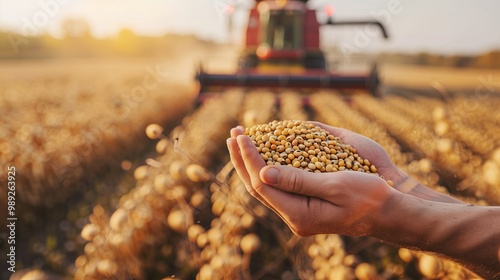 Soybean seeds in the hands of a young farmer with a combine harvester working in a soybean field.
