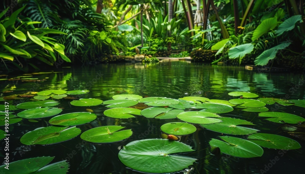 Calm tropical pond with lily pads surrounded by lush greenery in a tropical garden during daylight Calm tropical pond with lily pads surrounded by lush greenery in a tropical garden during daylight