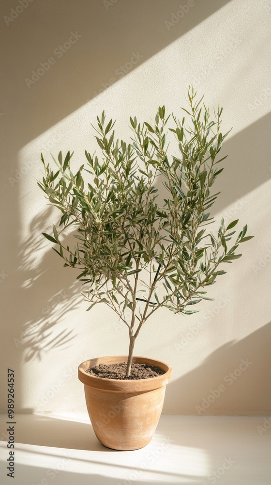Sunlit olive tree in terracotta pot casts intricate shadows on beige wall, creating a serene Mediterranean ambiance in minimalist interior setting. Sunlit olive tree in terracotta pot casts intricate shadows on beige wall, creating a serene Mediterranean ambiance in minimalist interior setting.