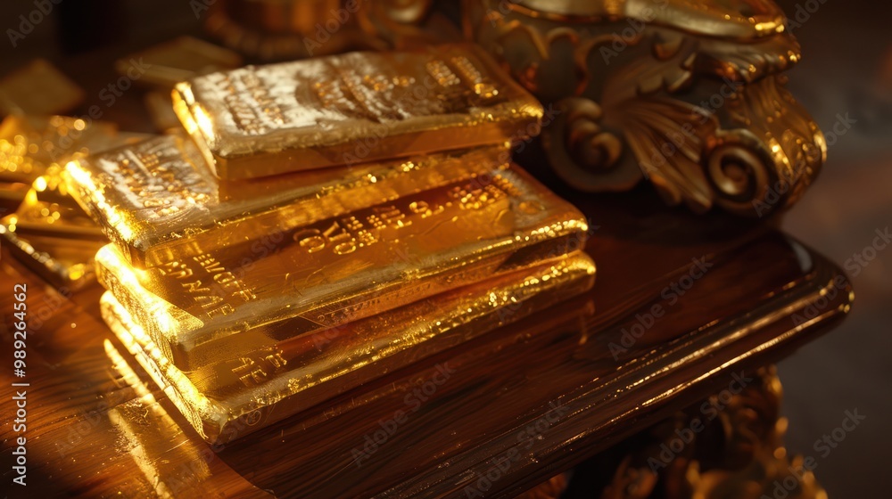Stack of Gold Bars on Wooden Table Stack of Gold Bars on Wooden Table