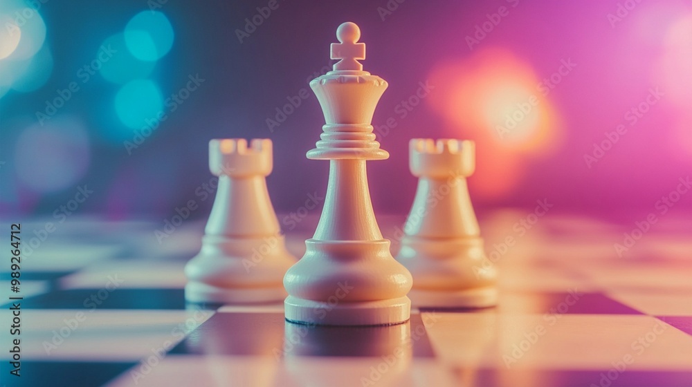 White chess king piece standing tall between two rooks on a chessboard, illuminated by vibrant colorful lights creating a dreamy, strategic atmosphere. White chess king piece standing tall between two rooks on a chessboard, illuminated by vibrant colorful lights creating a dreamy, strategic atmosphere.