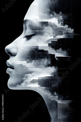 Abstract human face built from mosaic stone textures and integrated stairs, surreal profile merging architecture and human features with light and shadow in modern geometric design photo