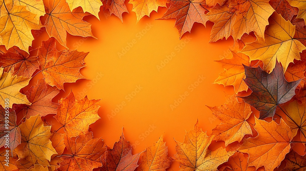 Bright orange background framed with vibrant autumn maple leaves, perfect for Thanksgiving invitations, fall decor, and Halloween-themed designs. Bright orange background framed with vibrant autumn maple leaves, perfect for Thanksgiving invitations, fall decor, and Halloween-themed designs.