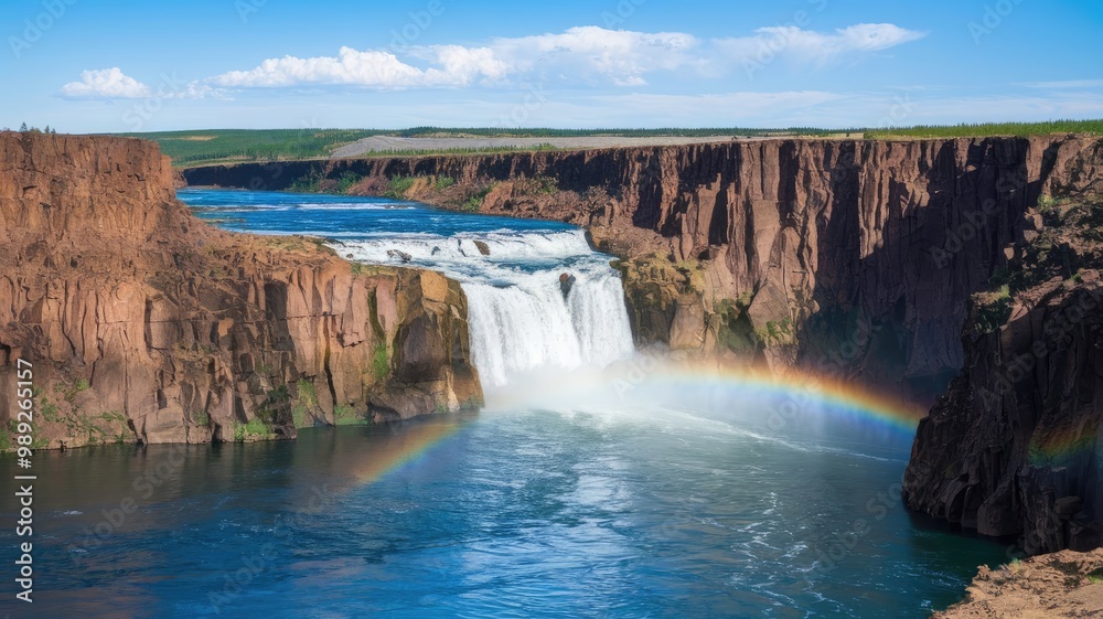 A photo of Shoshone Falls on the Snake River carving through a deep basalt canyon in Magic Valley, Twin Falls, Idaho, USA. The falls are approximately 200 feet high and 1,500 feet wide. The water is a A photo of Shoshone Falls on the Snake River carving through a deep basalt canyon in Magic Valley, Twin Falls, Idaho, USA. The falls are approximately 200 feet high and 1,500 feet wide. The water is a