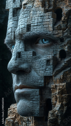 Abstract human face built from mosaic stone textures and integrated stairs, surreal profile merging architecture and human features with light and shadow in modern geometric design photo