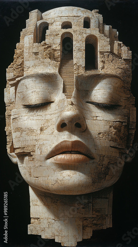 Abstract human face built from mosaic stone textures and integrated stairs, surreal profile merging architecture and human features with light and shadow in modern geometric design photo
