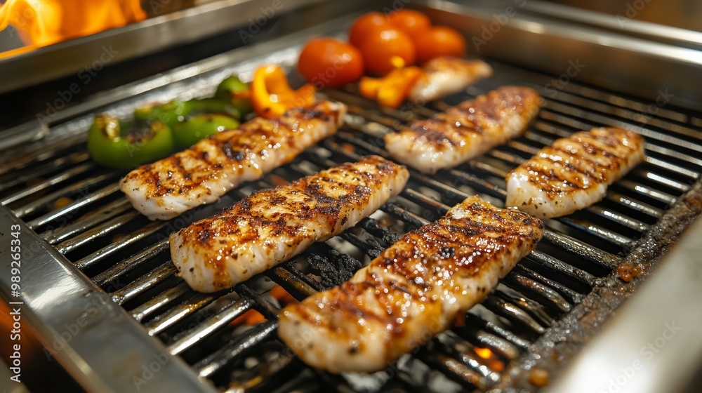 Close-up of grilled fish fillets and vegetables on an open flame grill, perfect for a healthy summer barbecue.