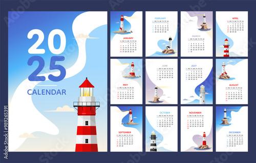 Calendar 2025 template, lighthouse on the island by the sea design. Week start On Sunday, stationary, wall calendar