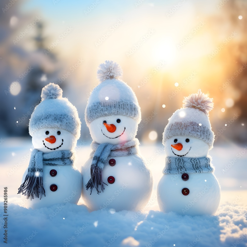 Three happy smiling Snowmans on the snow, Family with scarf and beanie, cute, Merry Christmas Banner card invitation, wallpaper, with copy space for text, blurred winter forest background, close up HD Three happy smiling Snowmans on the snow, Family with scarf and beanie, cute, Merry Christmas Banner card invitation, wallpaper, with copy space for text, blurred winter forest background, close up HD