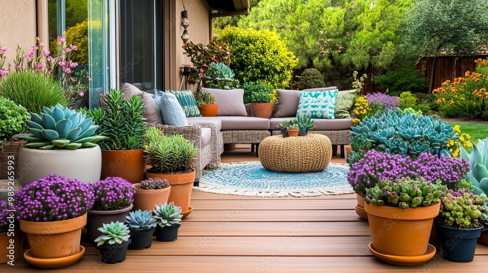 Fototapeta premium Patio with a wooden deck, cozy seating, and potted succulents